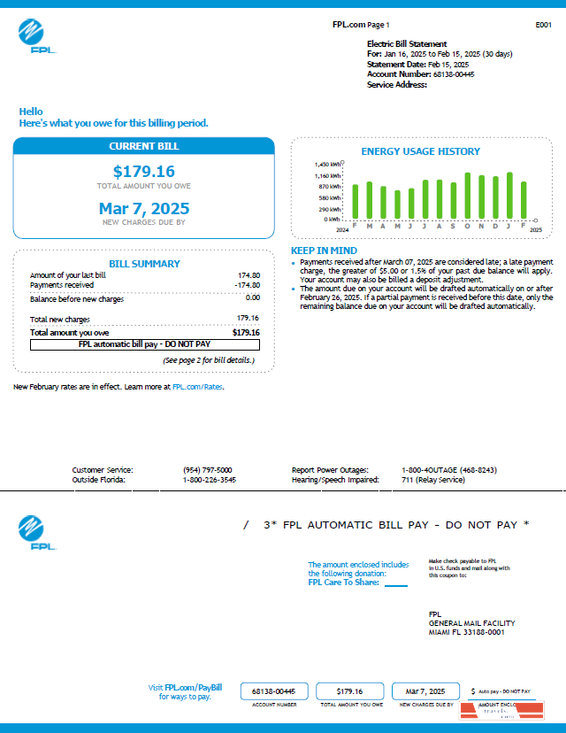 USA FPL utility bill template in Word and PDF formats, version 6